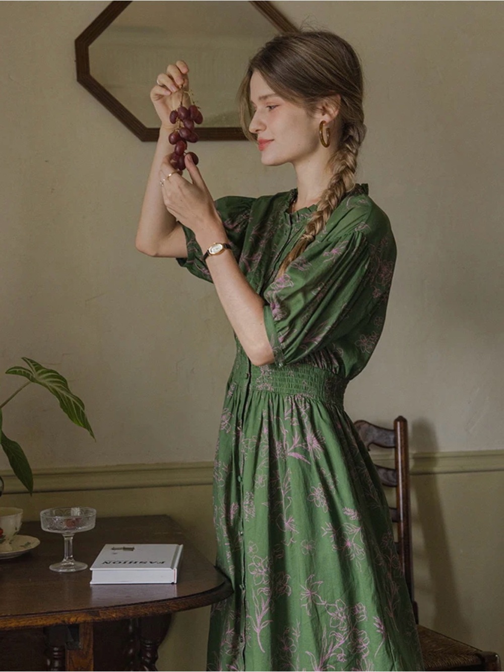 Green Floral Button-Front CottageCore Midi Dress with Smocked Waist. New W Tags - Picture 10 of 16